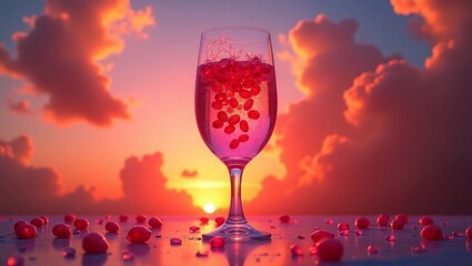 Wine Glass Pomegranate Seeds Sunset Sky Red Pink image