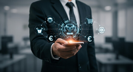 Businessman holding smartphone with robot and icons representing digital business solutions shown above