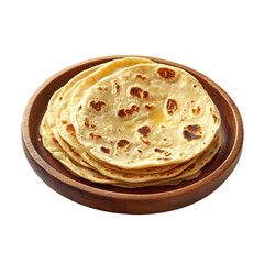 Roti flatbread stack in wooden bowl on transparent background