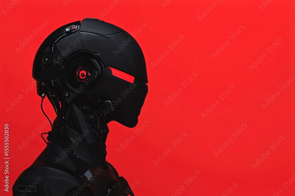 Poster black robot head with glowing red eyes. ai and automation technology. modern artificial intelligence