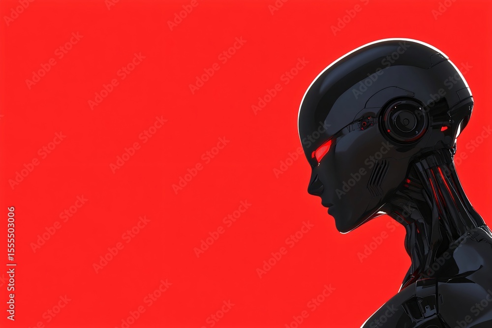 Aufkleber black ai robot woman with glowing red eyes. artificial intelligence concept for technology and futur