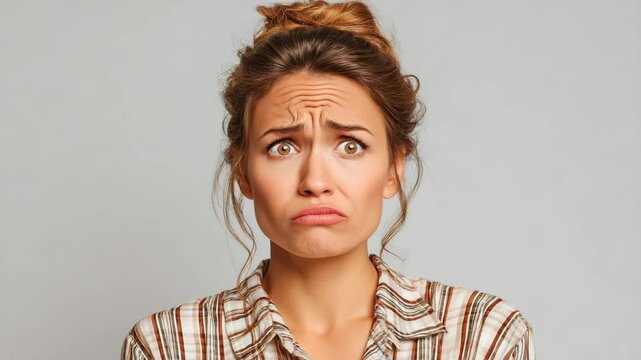 Young woman with confused, surprised, worried facial expression showing raised eyebrows