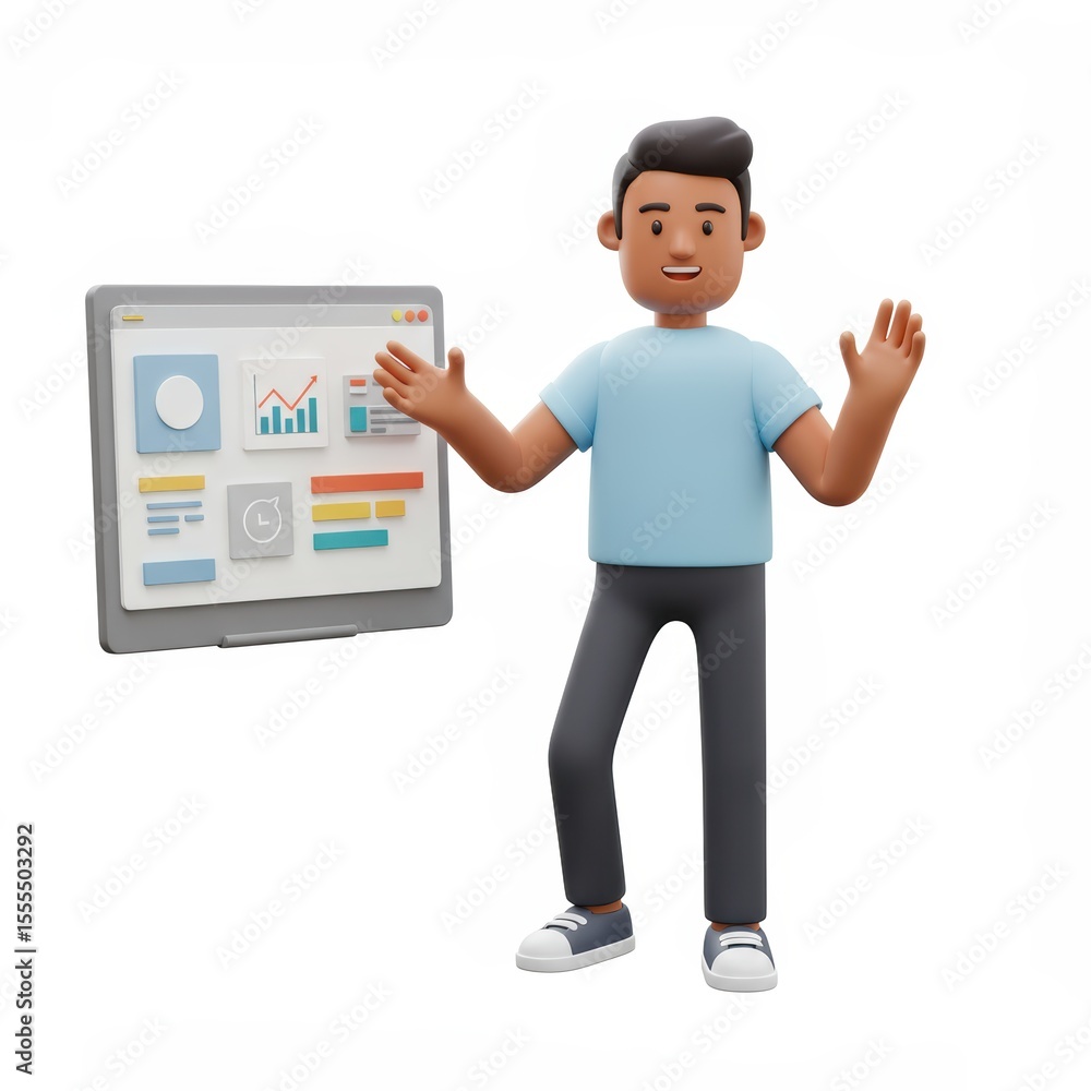 Poster animated man presenting data on tablet screen with upward trending chart