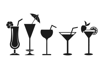 cocktails drink icon collection silhouette on white background