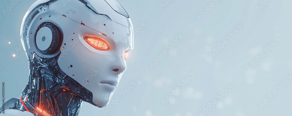 Poster a captivating profile of an ai robot with glowing orange eyes and advanced circuitry, illustrating a