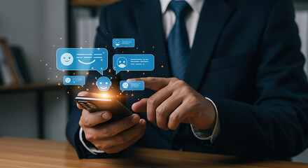 Man in suit using smartphone with chat bubbles and emoji icons above the device on a wooden table
