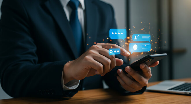 Man in suit interacting with chat bubbles on a smartphone at a desk with a laptop nearby - Powered by Adobe