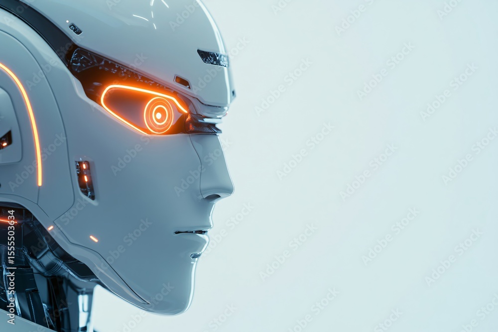 Poster white robot profile with glowing orange eyes and accents. ai concept for future technology and autom