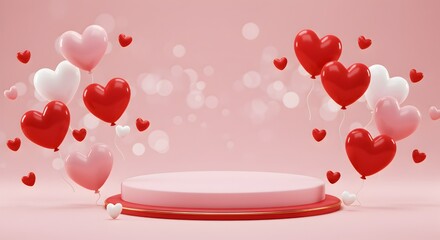 3D Heart Balloons on Podium with Romantic Bokeh and Pastel Background