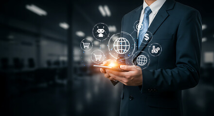 Man in suit using smartphone with digital icons representing global business and online transactions shown