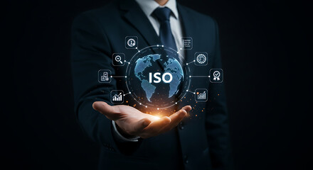 Man in suit holding iso globe with icons representing global standards and quality management system