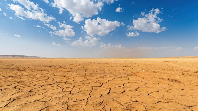 Panoramic image of a desert landscape under scorching hot weather.