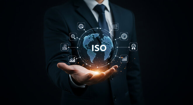 Man in suit holding iso globe with icons representing global standards and quality management system