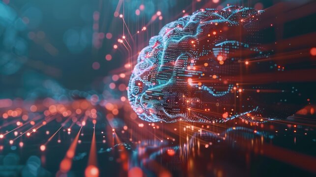 Close-up of a digital brain with AI algorithms processing information.