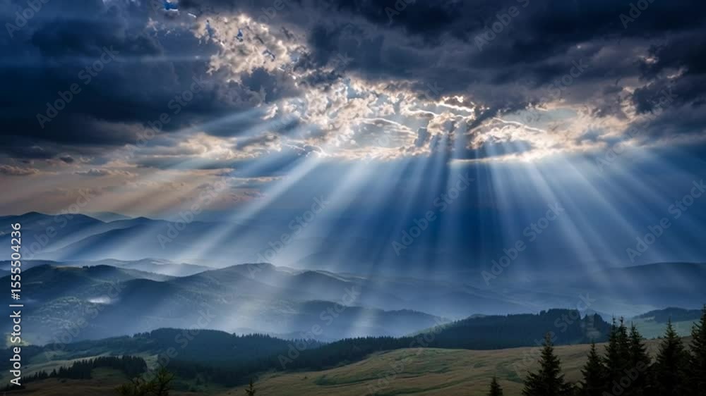 Poster sunlight streaming through clouds over misty mountains at dawn generative ai