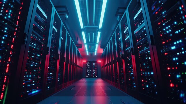 AI algorithms processing massive amounts of big data on a supercomputer.