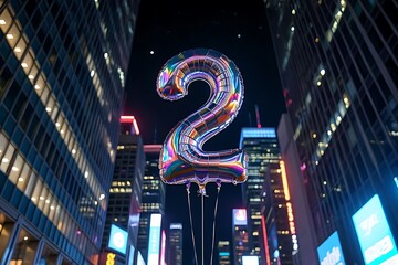 Iridescent number two balloon floating in a city street at night with tall buildings surrounding it