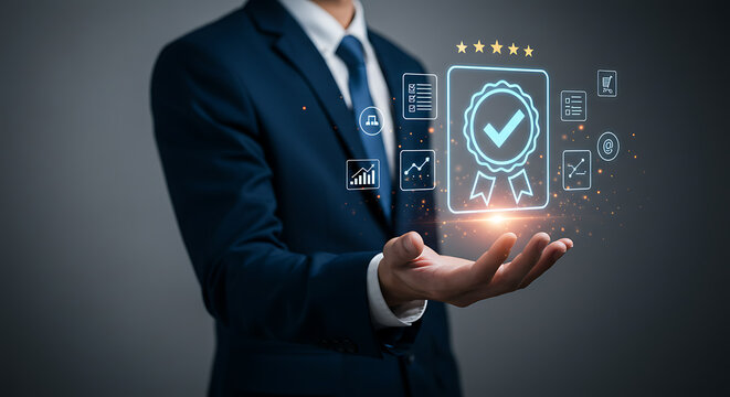 Man in suit presenting digital quality assurance badge with icons floating above his open hand - Powered by Adobe