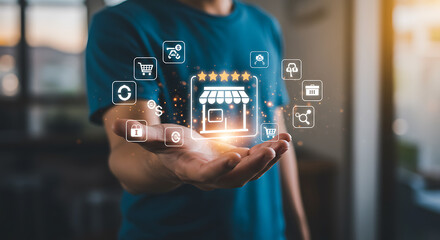 Person holding a digital storefront with icons representing online business solutions in their hand