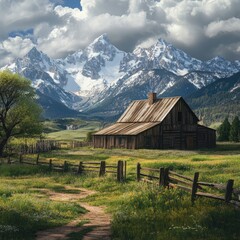 Mountain Barn, Scenic Valley, Wyoming, Idyllic Landscape