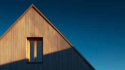 Minimalist modern house facade with triangular wooden roof, clean lines, natural design, stylish architecture, contemporary home exterior with warm and simple aesthetic.
