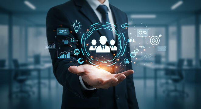 Businessman presenting team management with digital data and business analytics icons above his hand