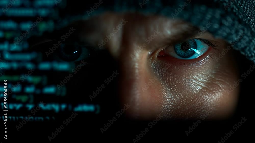 Poster mysterious figure focusing on computer code in dimly lit environment generative ai