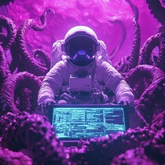 Astronaut codes in alien lair. Sci-fi concept art