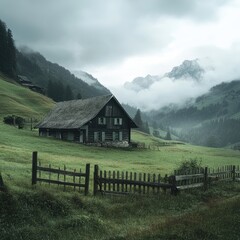 Misty mountain chalet, Swiss Alps, tranquil scene.  Possible use Stock