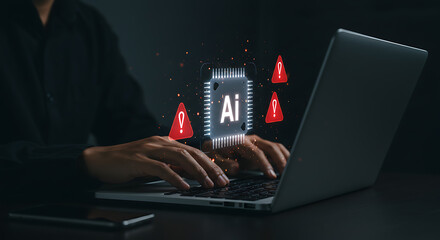 Person typing on laptop with ai chip and warning signs indicating potential artificial intelligence threat