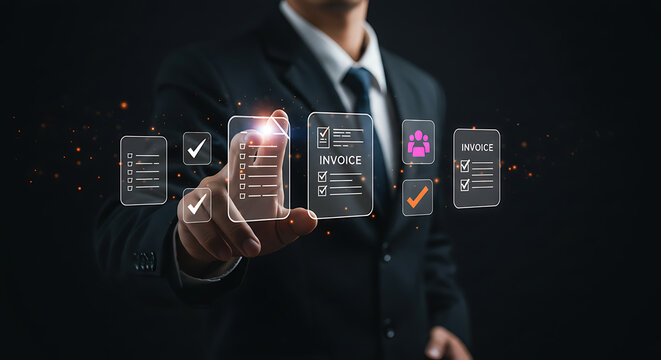 Man in suit interacting with digital checklist and invoice icons on a dark background interface