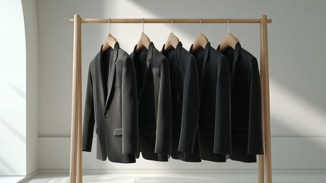 Several elegant black suits hanging neatly on hangers, formal fashion wardrobe concept, classic style, business clothing symbol of professionalism and sophistication.