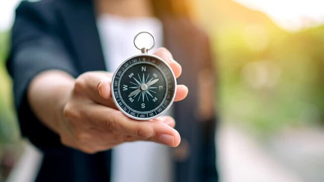 Finding Direction: Woman's Hand Holding Compass with Natural Background