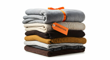 Stack of knitted sweaters and blankets ready for donation