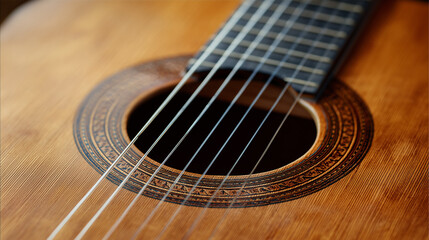 Fototapeta premium Top down close up view of a classical guitar, showing wooden body, strings, and soundhole detail, perfect for music themes, traditional instrument, and artistic backgrounds.