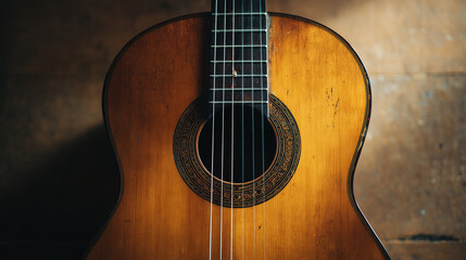 Obraz premium Top down close up view of a classical guitar, showing wooden body, strings, and soundhole detail, perfect for music themes, traditional instrument, and artistic backgrounds.