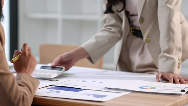 Businesswoman analyzing financial charts and discussing growth strategies.