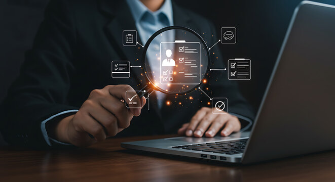 Man in suit using laptop with magnifying glass over digital profile and checklist icons overlayed