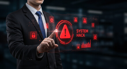Man in suit pointing at digital system hack warning with red icons and data visualization display screen