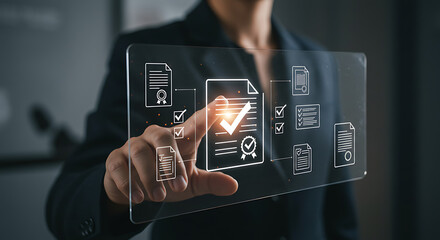 Person interacting with digital document checklist interface on a transparent screen device