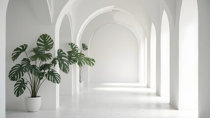 Serene Minimalist White Interior with Archways and Plants