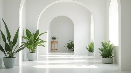 Serene Minimalist White Interior Design Archways, Plants, and Sunlight