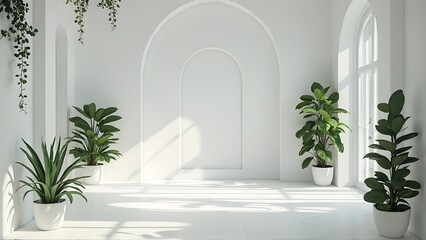 Serene Minimalist White Interior with Archways and Plants