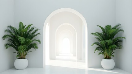 Serene Minimalist Interior Archways, White Walls, and Lush Greenery