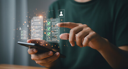 Man is interacting with a futuristic digital interface, completing a task with his smartphone. The interface displays a checklist and profile, hinting at a form or application being filled out.