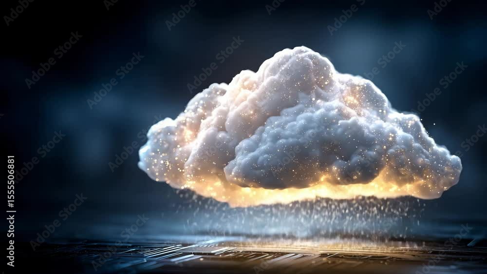 Poster glowing cloud with sparkling rain and light particles over dark surface creating magical sparkle