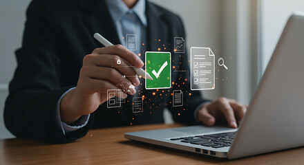 A person working on a laptop and checking a document. The image has a modern business theme, featuring elements like a checkmark and document icons