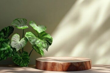Blank wooden podium with brown texture and green caladium plant, soft shadow animation style
