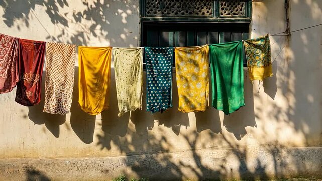 Colorful fabrics drying on a clothesline against a light beige wall