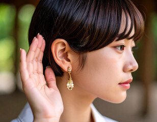 耳を傾ける若い女性/young woman listening